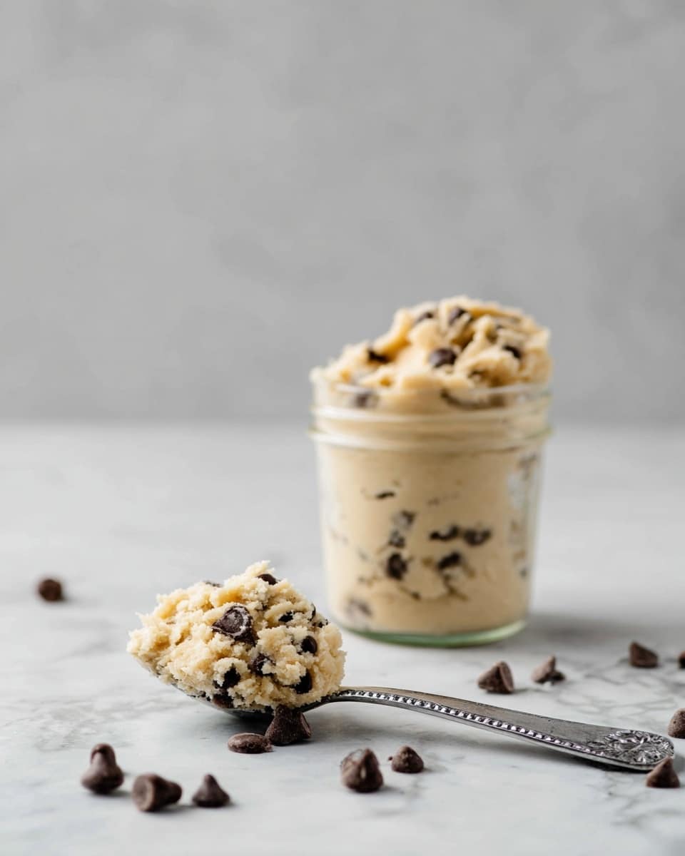 A clear glass jar is filled with cream-colored cookie dough mixed with dark chocolate chips, stacked high just above the jar rim creating a rough, textured top layer with visible chips. A silver spoon stands upright in the dough, its handle extending upward out of frame. The jar sits on a surface with a white marbled texture, with scattered chocolate chips around it and a blurred white container holding more chips in the background. The backdrop is a soft, smooth grey color. photo taken with an iphone --ar 4:5 --v 7