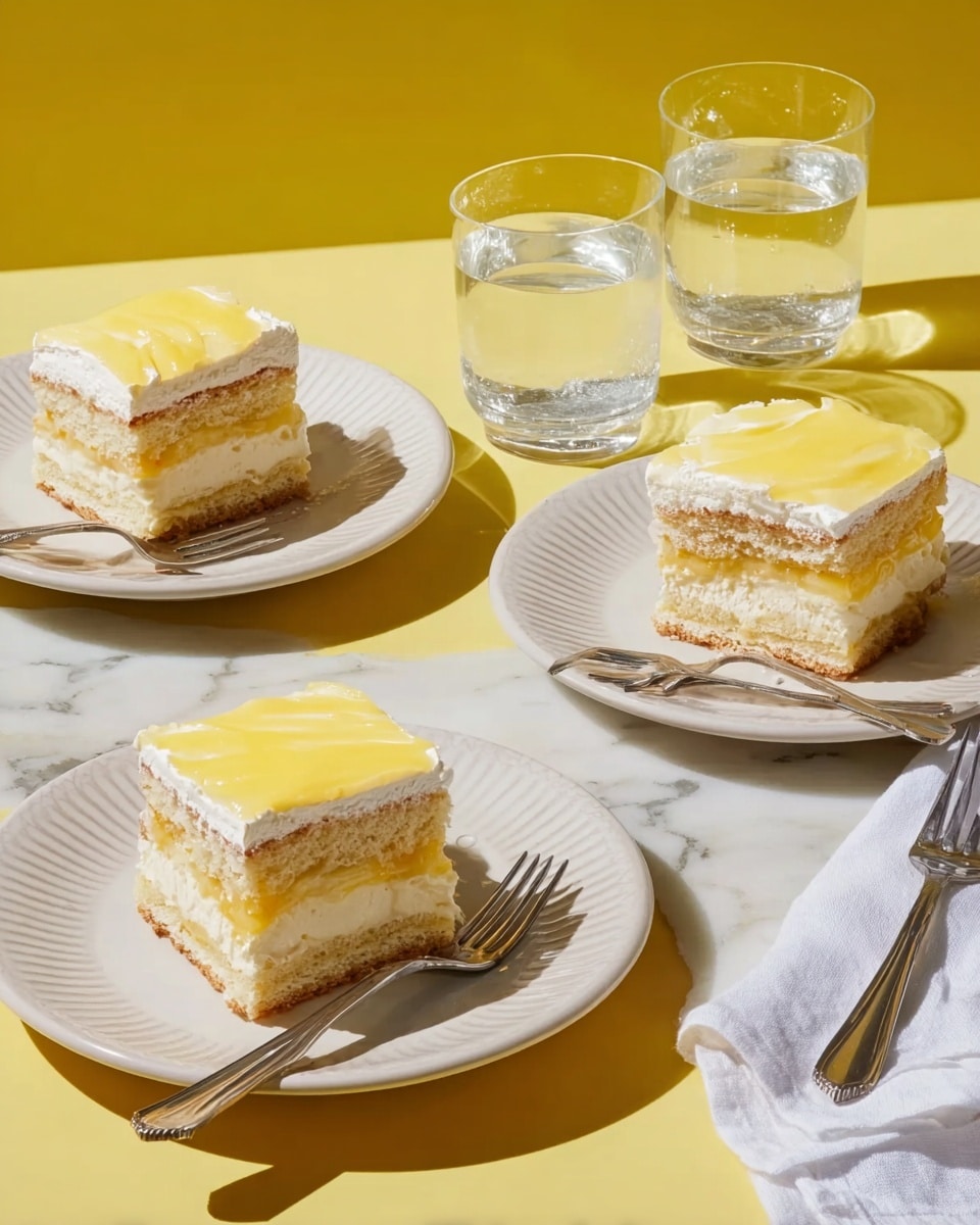The image shows a slice of dessert on a white plate with a light yellow and pale pink pattern, placed on a white marbled surface. The dessert has three visible layers: the bottom layer is a light beige, soft cake or biscuit base, the middle layer is thick and white with a creamy texture, and the top layer is a smooth, shiny, pale yellow lemon cream that covers the dessert. In the background, there is a black baking dish also containing the same dessert, with a chunk missing showing the same three layers inside. To the right of the baking dish are two whole yellow lemons, and to the left is a silver spoon with a small scoop of butter. A gold spoon rests on the plate next to the dessert. Photo taken with an iphone --ar 4:5 --v 7