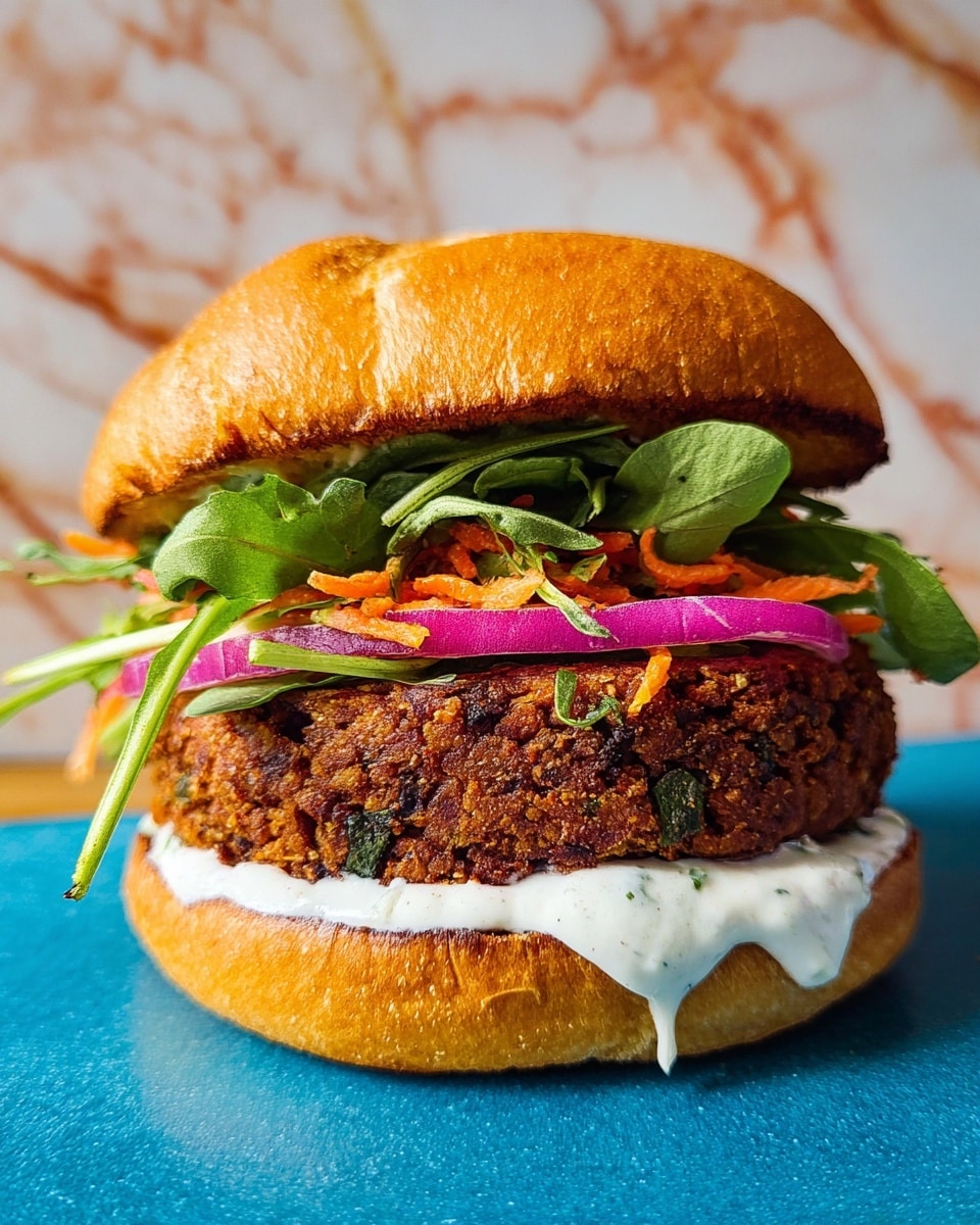 A close-up view of a burger sits on a dark blue surface with a white marbled background. It has a shiny, golden toasted bun on top. The bottom bun is also toasted with a thick layer of white creamy sauce spread evenly, some dripping off the side. On top of the sauce, there are several thick slices of raw purple onion. Above the onions is a thick, textured brown veggie patty made of visible grains and small vegetable pieces. On top of the patty, there is a dollop of white herbed sauce and a layer of fresh, bright green arugula leaves with small orange carrot bits sprinkled over them. The top bun is slightly lifted, showing all the fresh layers clearly. Photo taken with an iphone --ar 4:5 --v 7