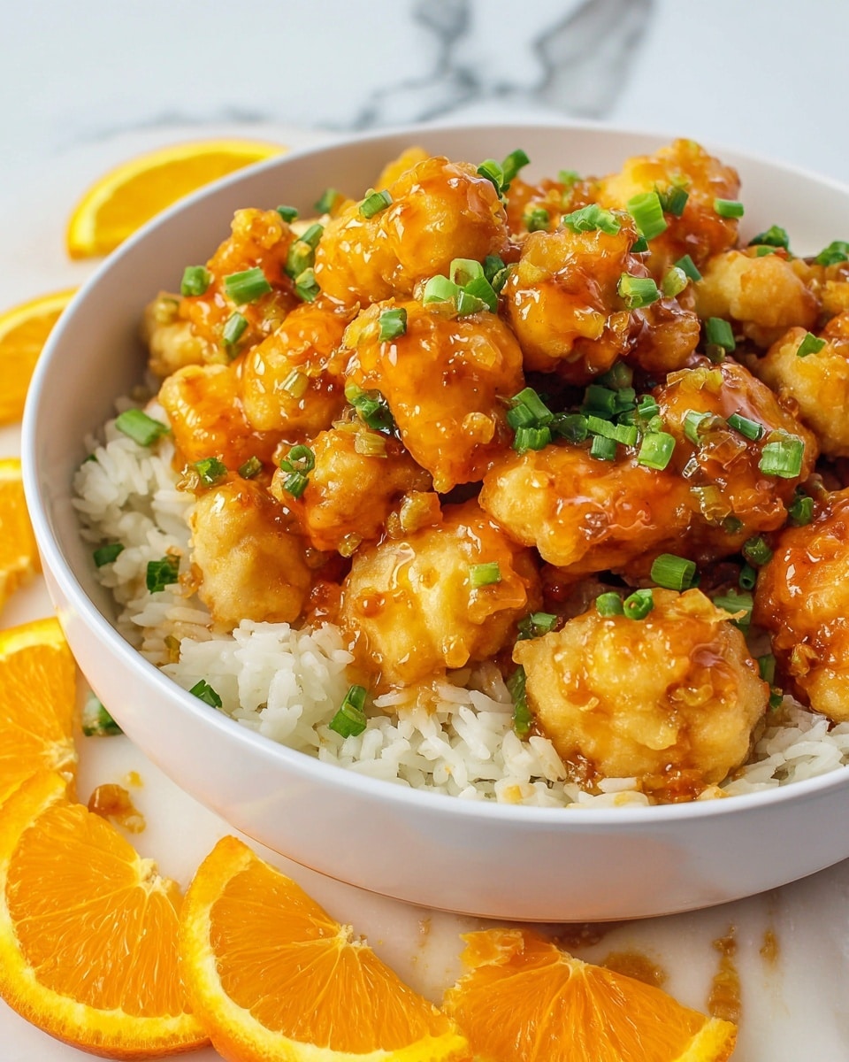 A white bowl filled with three main layers: the bottom layer is white, fluffy rice, the middle layer is a glossy orange sauce covering crispy golden fried chicken pieces piled on top, and the top layer is small green chopped scallions scattered over the chicken. In the background, slices of fresh orange arranged on a wooden board and a couple of loose orange slices rest on a white marbled surface. The food looks shiny and freshly cooked, with bright colors and a close-up view. Photo taken with an iphone --ar 4:5 --v 7