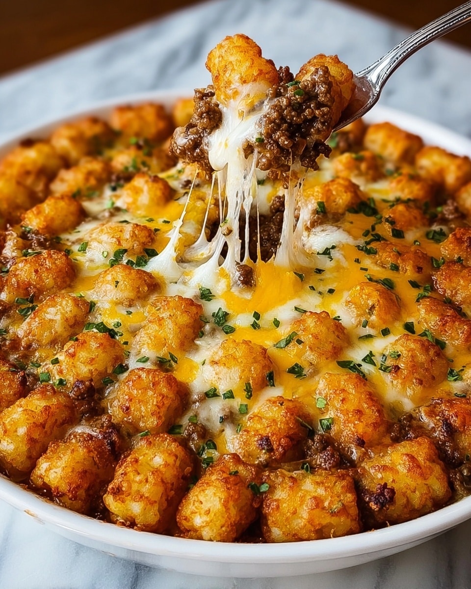 A white bowl filled with a layered dish where the bottom layer is a thick, dark brown meat sauce, topped by a middle layer of melted white and yellow cheese that gently drips and stretches as a fork lifts a portion, and the top layer is a golden brown crispy tater tot crust evenly spread, sprinkled with finely chopped green herbs for contrast; the background features a blurred glass on a white marbled surface. photo taken with an iphone --ar 4:5 --v 7