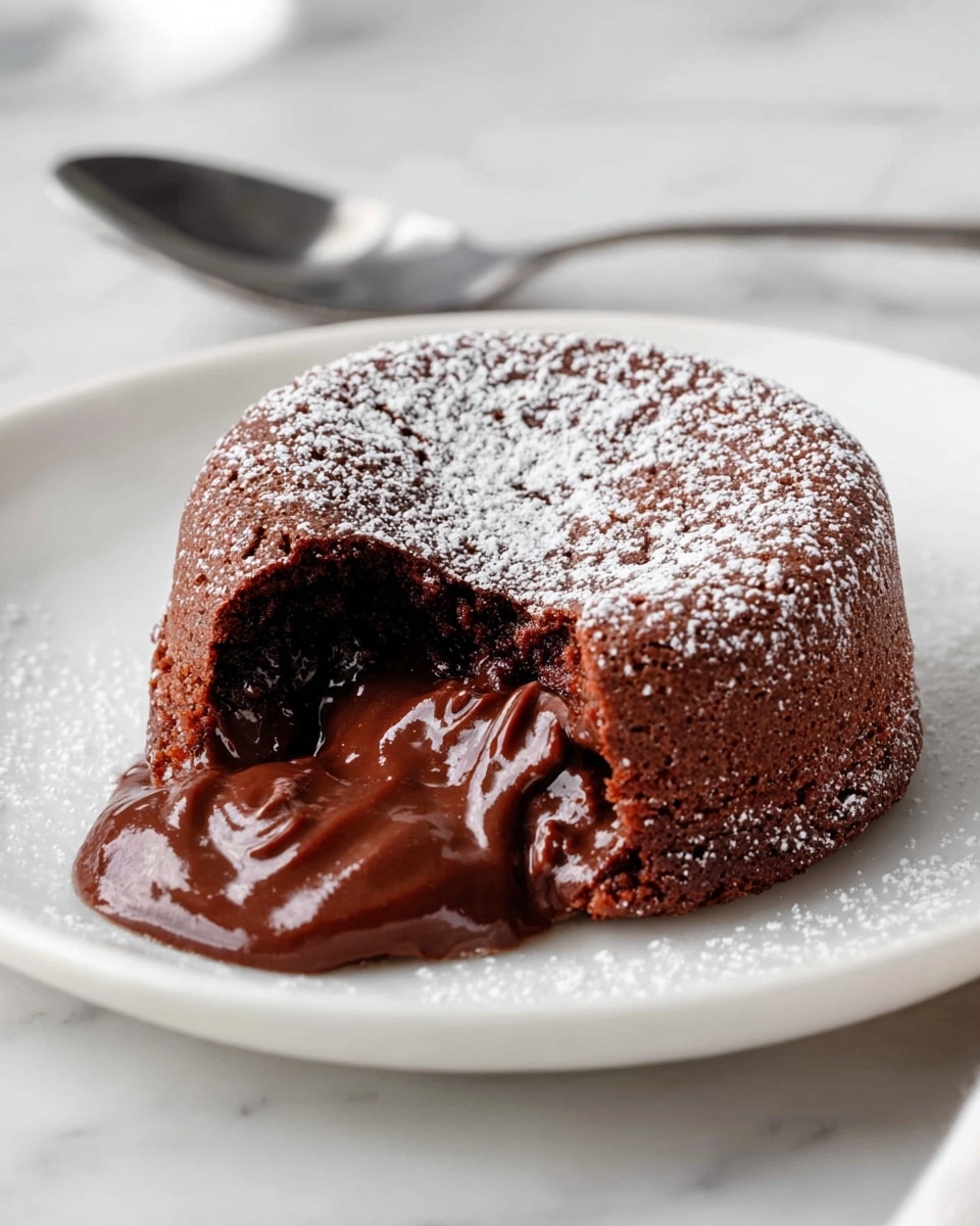 A small chocolate cake with a rough, dark brown outer layer sits on a white plate on a white marbled surface. The cake is round and dome-shaped, topped with a light dusting of white powdered sugar. One side is open, revealing a thick, shiny, melted chocolate center that is flowing out smoothly onto the plate. A silver spoon lies next to the cake, slightly blurred in the background. The scene is softly lit, highlighting the rich texture of the cake and the glossy melted chocolate inside. Photo taken with an iphone --ar 4:5 --v 7