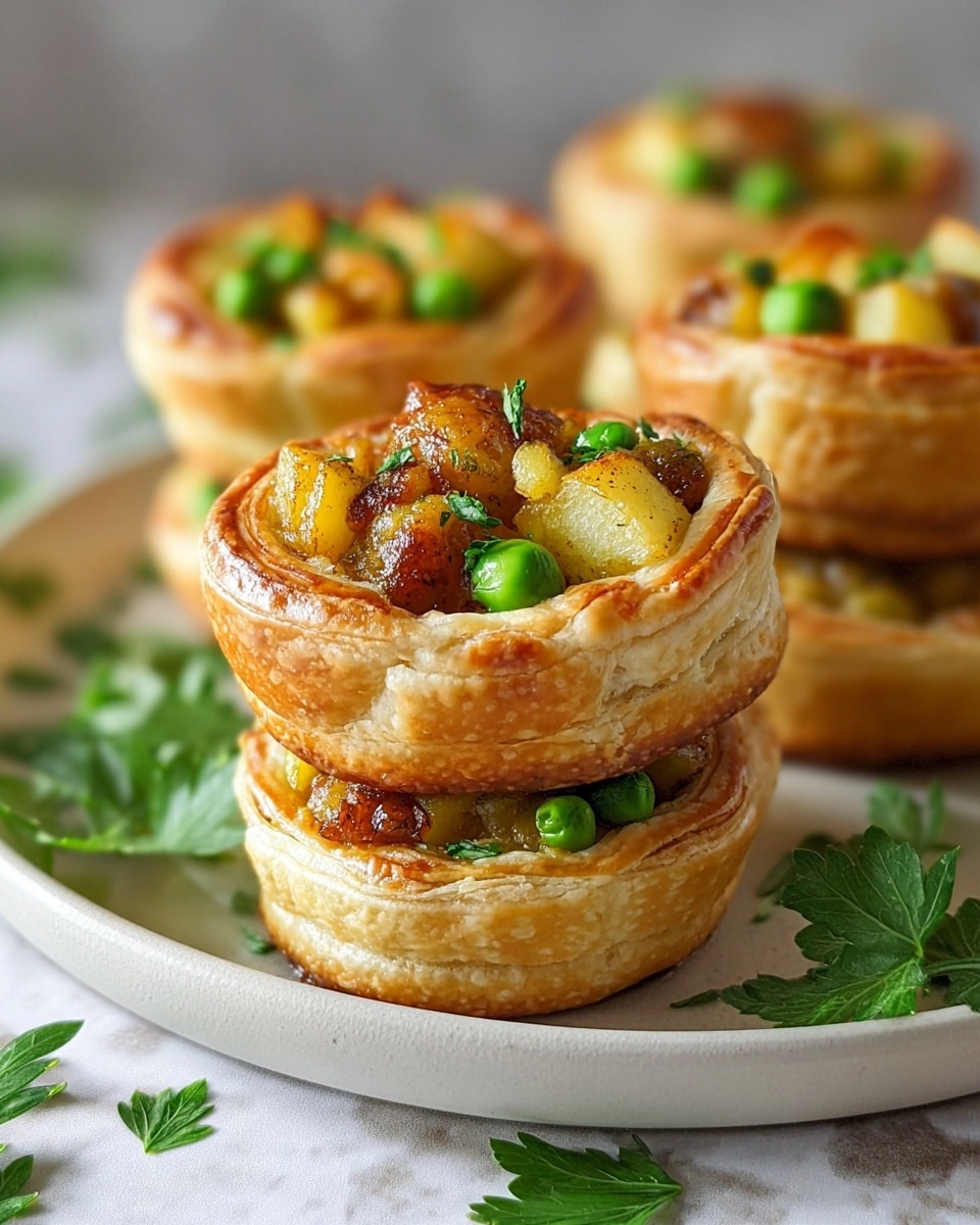 The image shows eight puff pastry vol-au-vents with a round shape and three visible delicate layers, stacked on a large white oval plate. Each vol-au-vent is filled with a mix of small orange cubes, likely roasted vegetables, and bright green peas, with a slight shine that suggests a light sauce. The pastry is golden-brown at the edges, with a crisp and airy texture, and the filling peeks slightly above the pastry ring. The plate sits on a white marbled surface with scattered green parsley leaves. In the background, there are glass bottles of Diet Coke and Coca-Cola, and a six-pack with Santa Claus on the packaging, adding a festive touch. A woman's hand is gently touching one of the vol-au-vents. Photo taken with an iphone --ar 4:5 --v 7