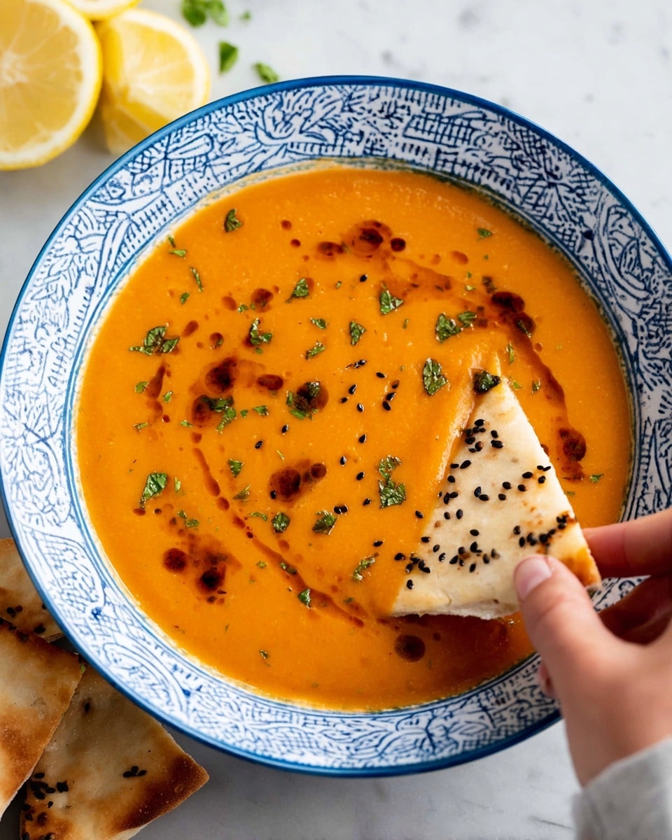 A white bowl with blue patterns holds one smooth, thick layer of bright orange soup, garnished with small drops of dark brown oil spread around the top and sprinkled with tiny bits of chopped green herbs. A silver spoon scoops some soup, showing the creamy texture clearly. Around the bowl, there are two pale lemon wedge slices at the top left and pieces of naan bread with black sesame seeds at the bottom left, all on a white marbled surface. Photo taken with an iphone --ar 4:5 --v 7