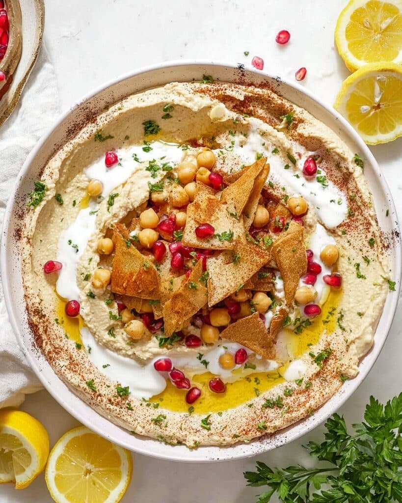 Fatteh with Pita Chips, Hummus, and Yogurt Sauce Recipe
