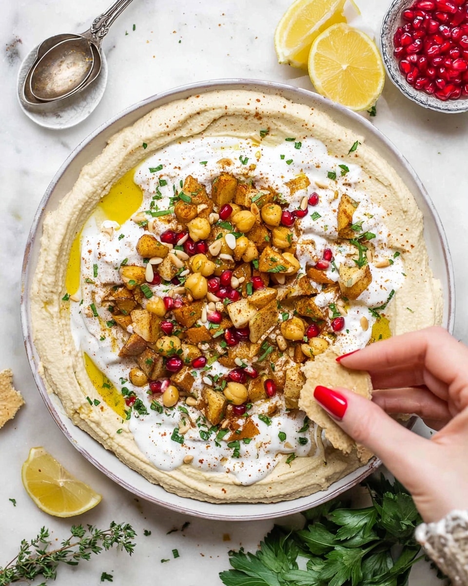 A white plate holds a dish with four layers: the bottom layer is a smooth, light beige hummus spread evenly with a drizzle of olive oil and sprinkled with a fine reddish spice along the edge. The second layer has light brown, crunchy pita chips scattered over the hummus, mixed with pale beige chickpeas. The third layer is thick, white yogurt sauce poured over the pita chips and chickpeas, with some olive oil pooling on it. The top layer is decorated with bright red pomegranate seeds, green chopped parsley, and small toasted pine nuts. The plate is on a white marbled surface, with lemon slices, garlic, fresh parsley, a vintage silver spoon, and a small glass bowl of pomegranate seeds around it. photo taken with an iphone --ar 4:5 --v 7