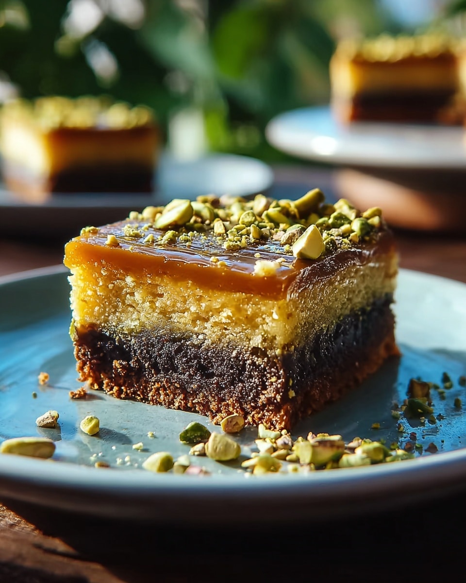 A square piece of layered dessert sits on a white plate with a few scattered crushed pistachios around it. It has three clear layers: the bottom layer is dark brown and dense, the middle layer is thick and yellow with a smooth texture, and the top layer is a thin brown glaze sprinkled with chopped green pistachios. There is another similar piece blurred in the background on a white plate, and the setting includes a white marbled surface with soft green plant shapes blurred in the background. Photo taken with an iphone --ar 4:5 --v 7