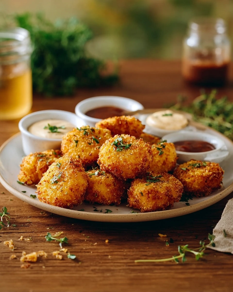 A black air fryer basket filled with golden brown crispy nuggets arranged in layers across the bottom. The nuggets have a rough, crunchy texture with small bits of crisp coating visible on each piece. Some nuggets show a slight shine from oil and the hot steam rises softly from the basket. The basket sits on a white marbled surface with a blurred glimpse of a yellow condiment bottle in the background. Photo taken with an iphone --ar 4:5 --v 7