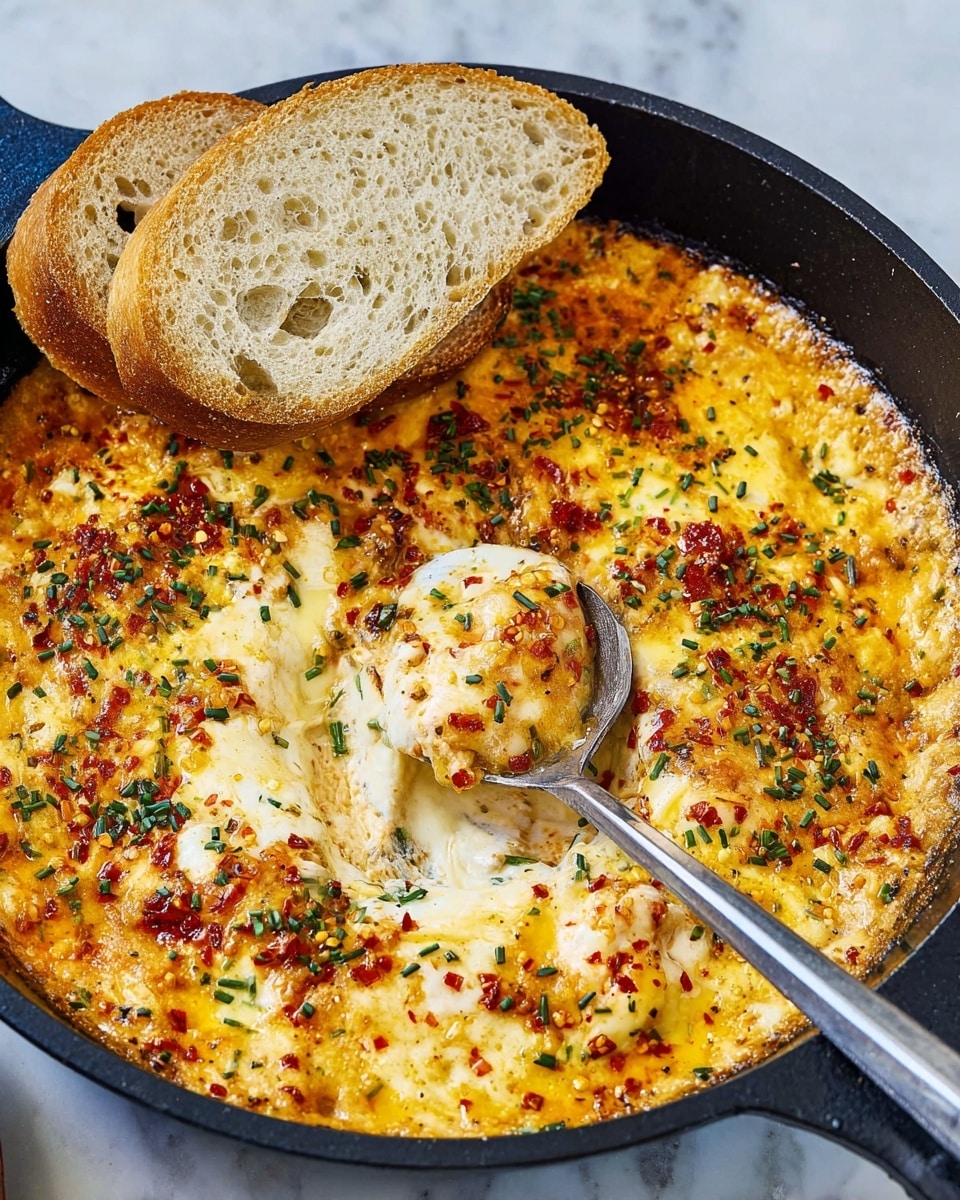 A close-up view of a cooked cheesy dish in a black pan, showing a thick layer of melted bright yellow-orange cheese with small browned spots on top. Under the cheese, there are visible bits of red tomato sauce and white creamy cheese forming a rich, bubbly texture. Green chopped herbs are sprinkled over the dish, adding a fresh color contrast. A silver spoon is scooping up a portion, revealing the layers of melted cheese and chunky tomato mixture underneath. The background is a white marbled texture. Photo taken with an iphone --ar 4:5 --v 7