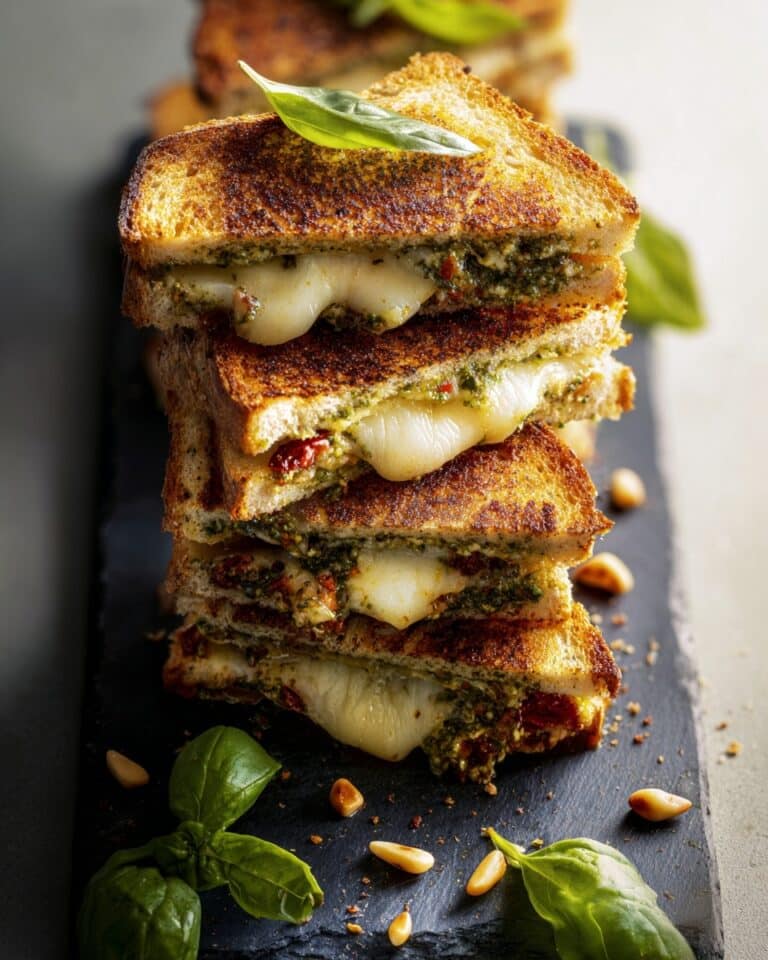 Sourdough Pesto Grilled Cheese with Mozzarella, Bacon, and Sun-Dried Tomatoes Recipe