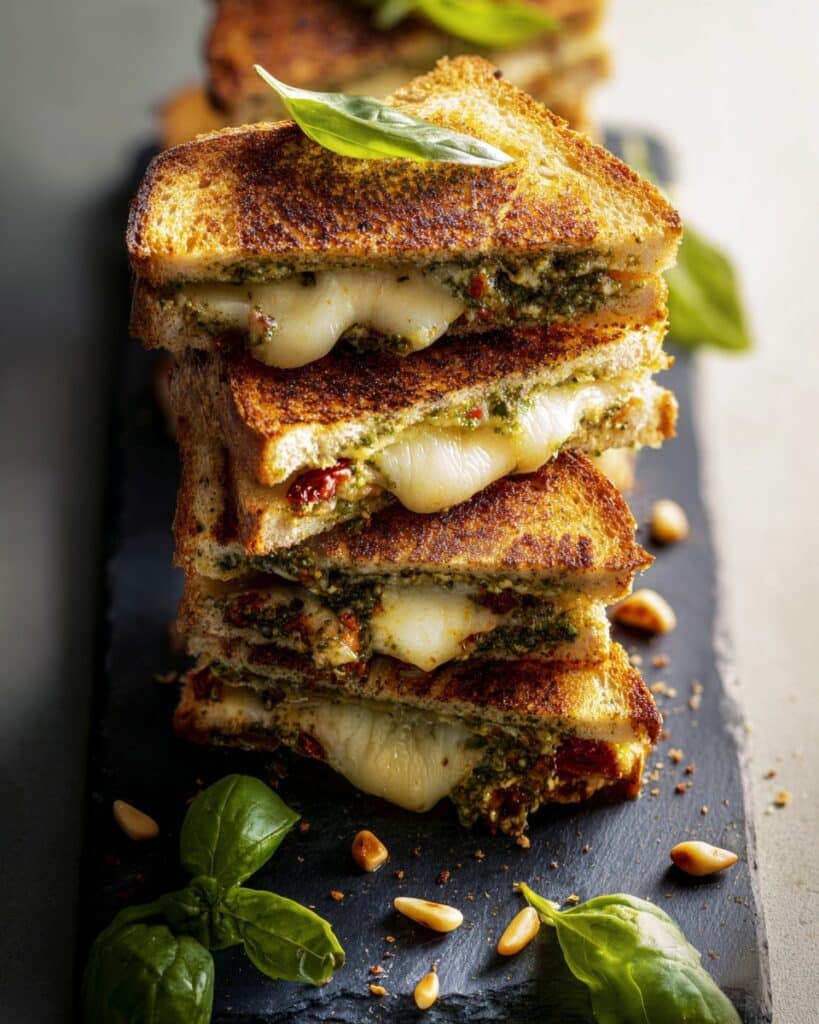 Sourdough Pesto Grilled Cheese with Mozzarella, Bacon, and Sun-Dried Tomatoes Recipe