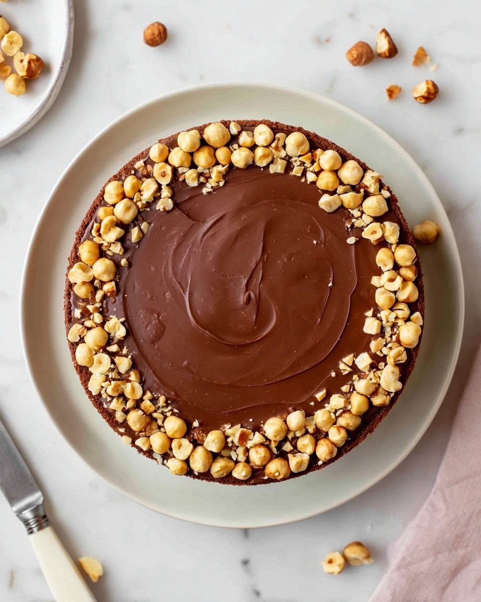 The image shows a round layered cake with three layers: a bottom layer of light golden crumb crust, a thick middle layer of smooth light brown mousse, and a top layer of shiny dark chocolate ganache. Around the edge of the ganache are pieces of toasted hazelnuts, some whole and some chopped, adding texture and a golden-brown color contrast. The cake is on a white plate set on a white marbled textured surface. Nearby is a cream-colored handled knife and a silver fork. Photo taken with an iphone --ar 4:5 --v 7