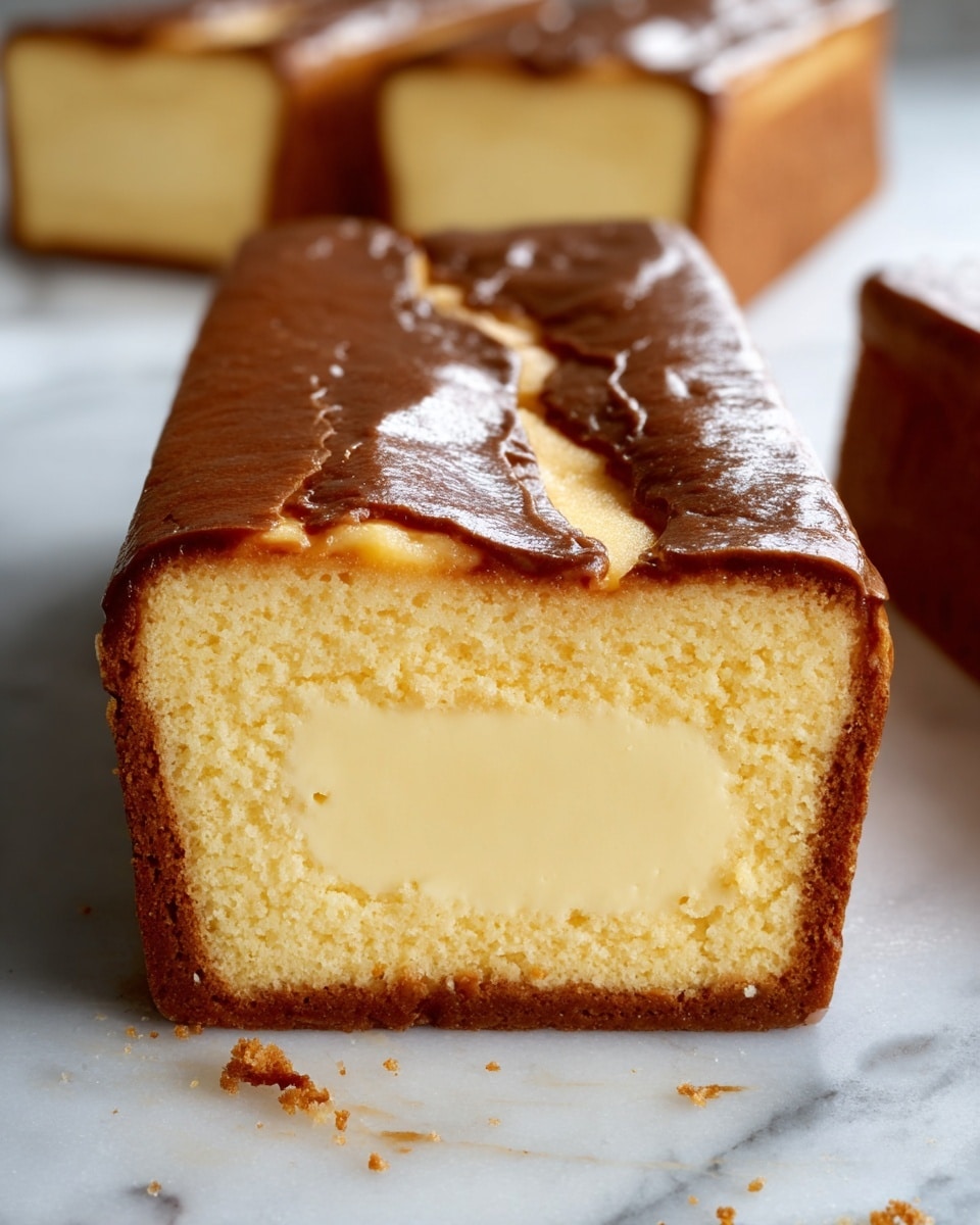 A rectangular cheesecake with a dark brown, slightly shiny top layer showing small dimples, placed on lightly crumpled parchment paper. A thick single slice is cut from the cheesecake and placed on a white plate below it. The slice reveals a creamy, pale yellow inside with a smooth and dense texture and a slightly darker edge. To the right, there is a green leaf and a small bunch of purple-green flowers on the white marbled surface. Photo taken with an iphone --ar 4:5 --v 7