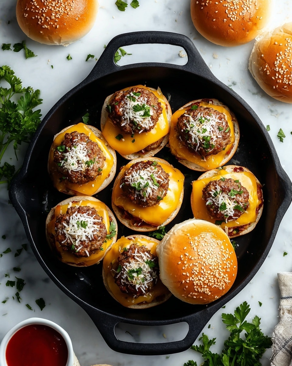 The image shows three round meat patties with a dark brown, grilled texture on a rusty baking tray with edges visible. Each patty is topped with a thick, melted layer of creamy white cheese that drips down the sides, sprinkled with small green herb pieces. The background and surface around the tray have a white marbled texture. The image focuses closely on the front patty, showing the cheese's smooth and slightly browned top. photo taken with an iphone --ar 4:5 --v 7