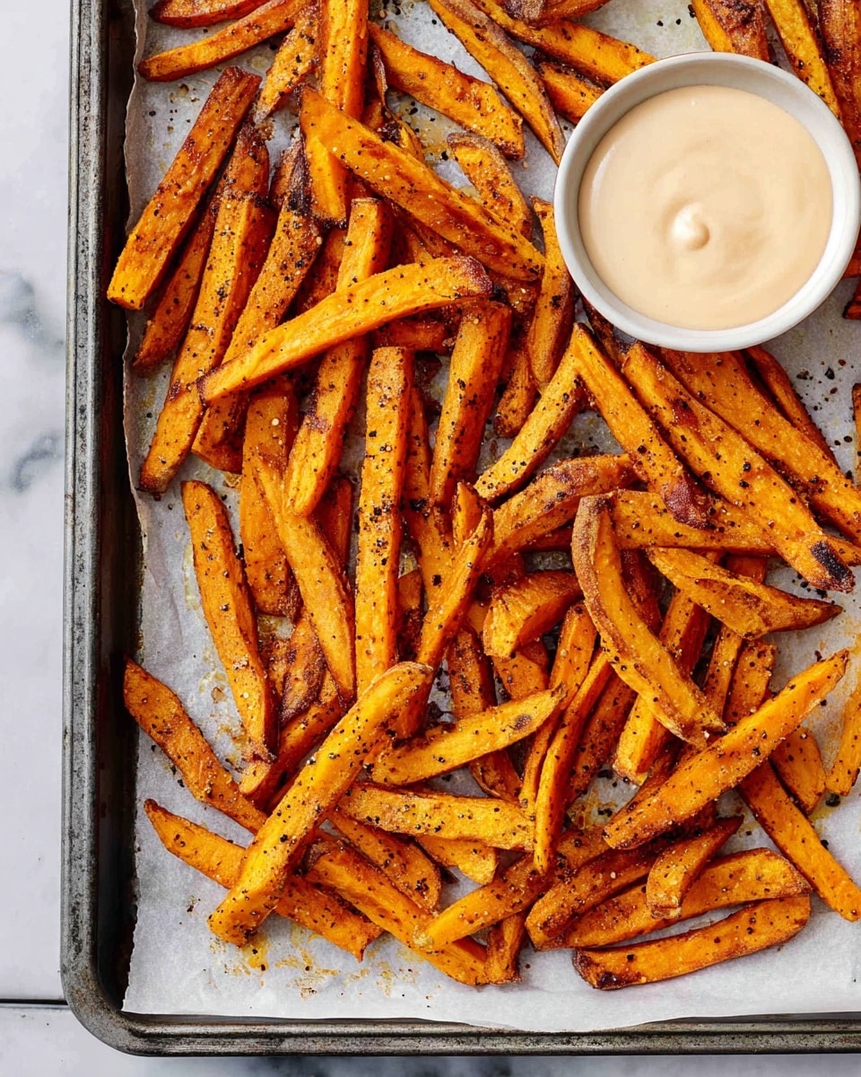 A black basket lined with white paper holds a pile of crispy, orange-brown sweet potato fries seasoned with black pepper. Near the top of the basket, a small metal cup is filled with creamy, light-colored dipping sauce. The basket is placed on a white marbled surface with a striped cloth partially visible on the side. Photo taken with an iphone --ar 4:5 --v 7