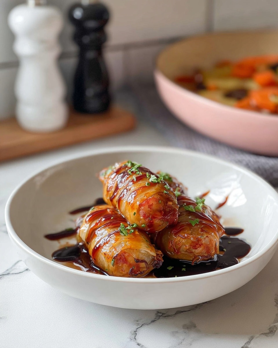 The image shows a dish made of many roasted stuffed onions arranged closely together in a circular pattern. Each onion has a golden-brown outer layer with some parts darker and slightly charred, and their shells are thin and translucent. The stuffing inside the onions is red-orange and peeks out from the tops. The dish is drizzled with a dark glossy sauce in thin lines across the onions. Small green herb leaves are sprinkled on top, adding a fresh contrast to the warm colors. The onions have a shiny texture from the sauce and cooking. The photo is taken on a white marbled surface. photo taken with an iphone --ar 4:5 --v 7