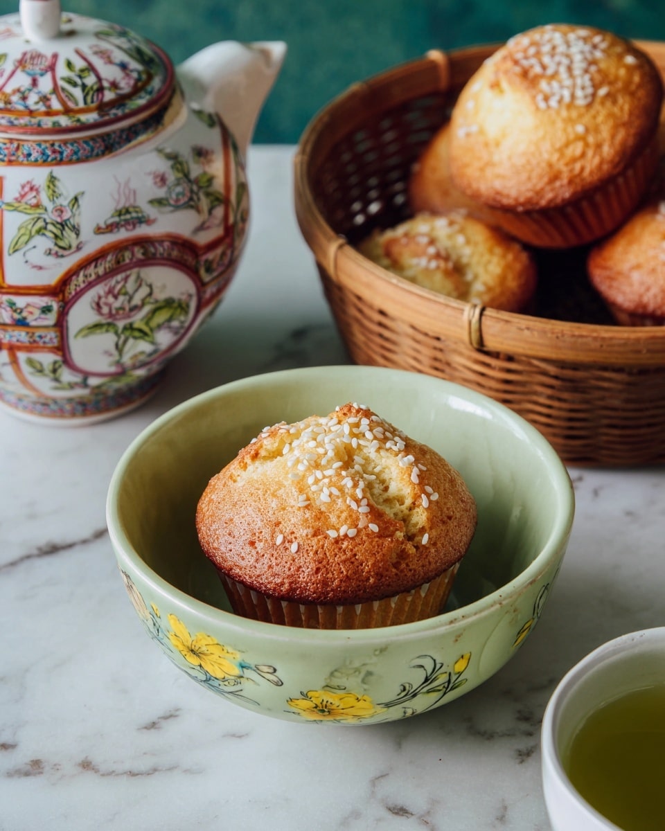 A round woven bamboo basket holds six golden brown muffins arranged closely together, each topped with scattered white sesame seeds. The muffins have a slightly domed top with a textured surface, showing a soft, moist interior under a crisp outer crust. The basket has two vertical handles on opposite sides and shows intricate weaving patterns along its body. The basket sits on a white marbled surface, with a small section of a white ceramic teapot with a floral design visible to the left. photo taken with an iphone --ar 4:5 --v 7