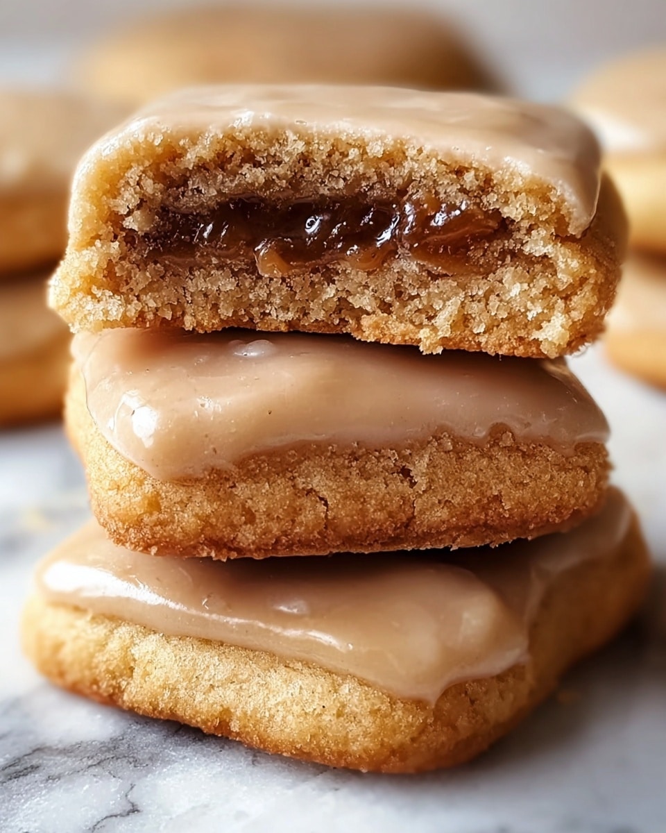 A stack of two soft cookies is shown on a white marbled surface, with the top cookie broken in half to show a thick, dark brown cinnamon filling inside its golden-brown dough. The bottom cookie is whole, topped with a light brown, smooth cinnamon icing layer that covers the entire surface. Around the cookies, there are small scattered crumbs adding texture to the scene. In the blurred background, a glass of milk is visible on the left, and a beige cloth and a light brown cup can be seen on the right. photo taken with an iphone --ar 4:5 --v 7
