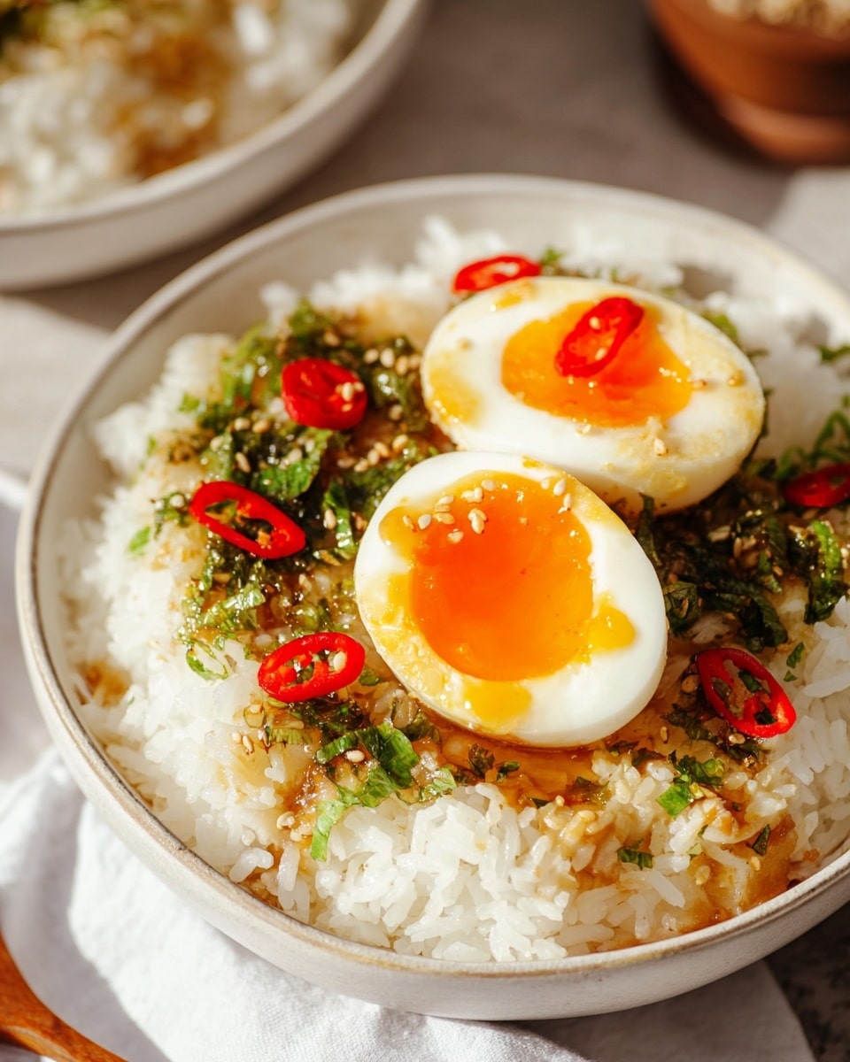 In a white bowl on a white marbled surface, there is a serving of white rice mixed with small green herbs and sesame seeds, topped with thin slices of red chili peppers and chopped green onions, creating a colorful and textured look. Two halves of a soft-boiled egg with bright orange yolks, one slightly dripping its yolk over the rice, sit on top, adding a rich and glossy layer to the dish. The background shows a blurred second white bowl with similar eggs and ingredients, enhancing the focus on the main bowl. The whole scene is softly lit, highlighting the fresh and vibrant textures. photo taken with an iphone --ar 4:5 --v 7