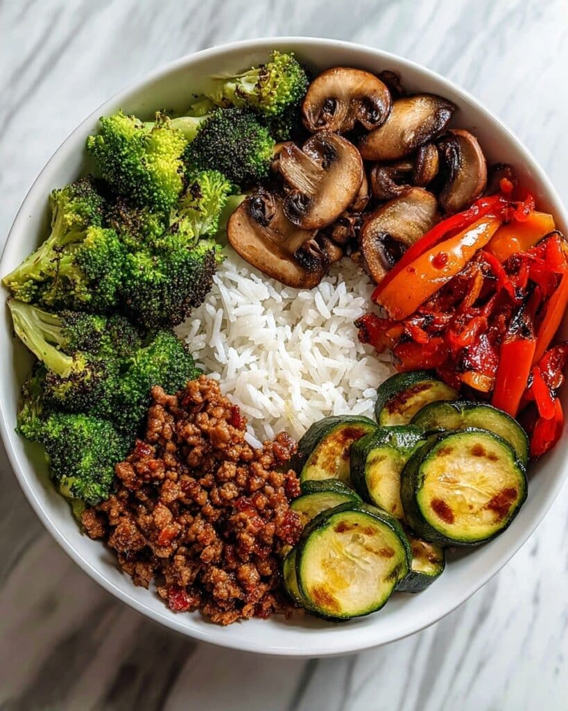 Spicy Ground Beef Stir-Fry Bowl with Garlic Veggies & Steamy Rice Recipe