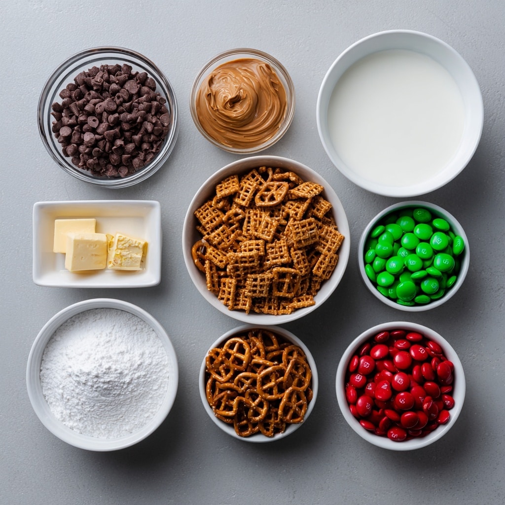 A large white bowl filled with a mixture of light brown cereal pieces covered in white powdered sugar as the base layer, scattered with small red and green candy-coated chocolates and small chocolate cup candies spread evenly on top, creating bright spots of color contrasting with the powdery cereal. Around the bowl, some small pretzels and more red and green candies are scattered on a white marbled surface, enhancing the festive look. A pinkish textured cloth is partially visible behind the bowl. Photo taken with an iphone --ar 4:5 --v 7