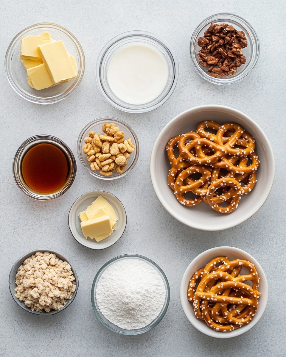 A close-up of a woman's hand holding a cluster of small pretzels covered in a thick, shiny caramel coating with small chopped nuts embedded on top. In the blurred background on a white marbled surface, there are white round and rectangular plates filled with more caramel nut-covered pretzels, showing a mix of glossy light brown caramel and textured nut bits all over the pretzels. The image has a warm, inviting tone with a soft focus on the background. photo taken with an iphone --ar 4:5 --v 7