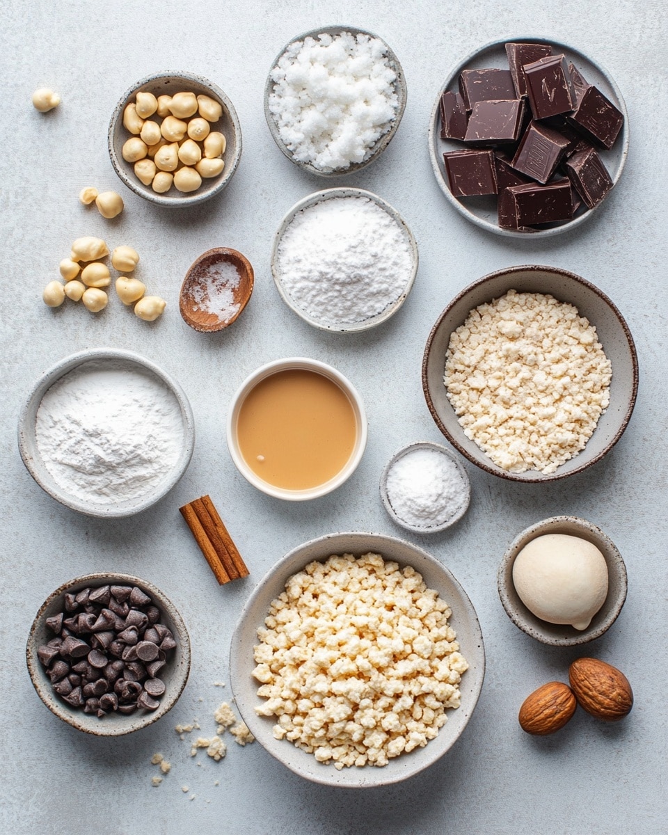 A white bowl full of round chocolate balls with smooth and shiny dark brown coating, each decorated with thin lines of darker chocolate on top; some chocolate balls are scattered beside the bowl. Above the bowl, there is a smaller white bowl filled with smooth, light brown peanut butter with swirled texture, and a spoon with peanut butter rests nearby. To the left, a clear round bowl contains light beige puffed rice cereal. The background is a white marbled surface with some puffed rice cereal spilled around. A white plate with two chocolate balls sits partially visible at the bottom left near a black and white zigzag patterned cloth. Photo taken with an iphone --ar 4:5 --v 7