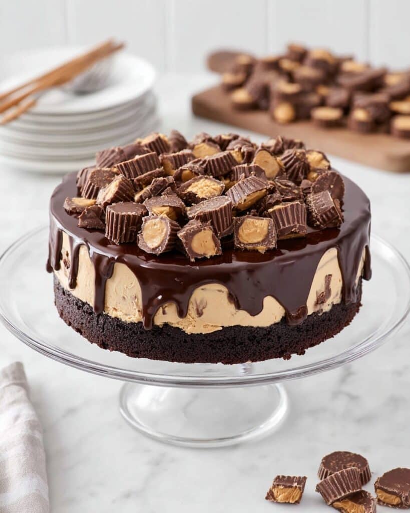 Festive Reese’s Cheesecake with Brownie Crust and Peanut Butter Cup Topping Recipe