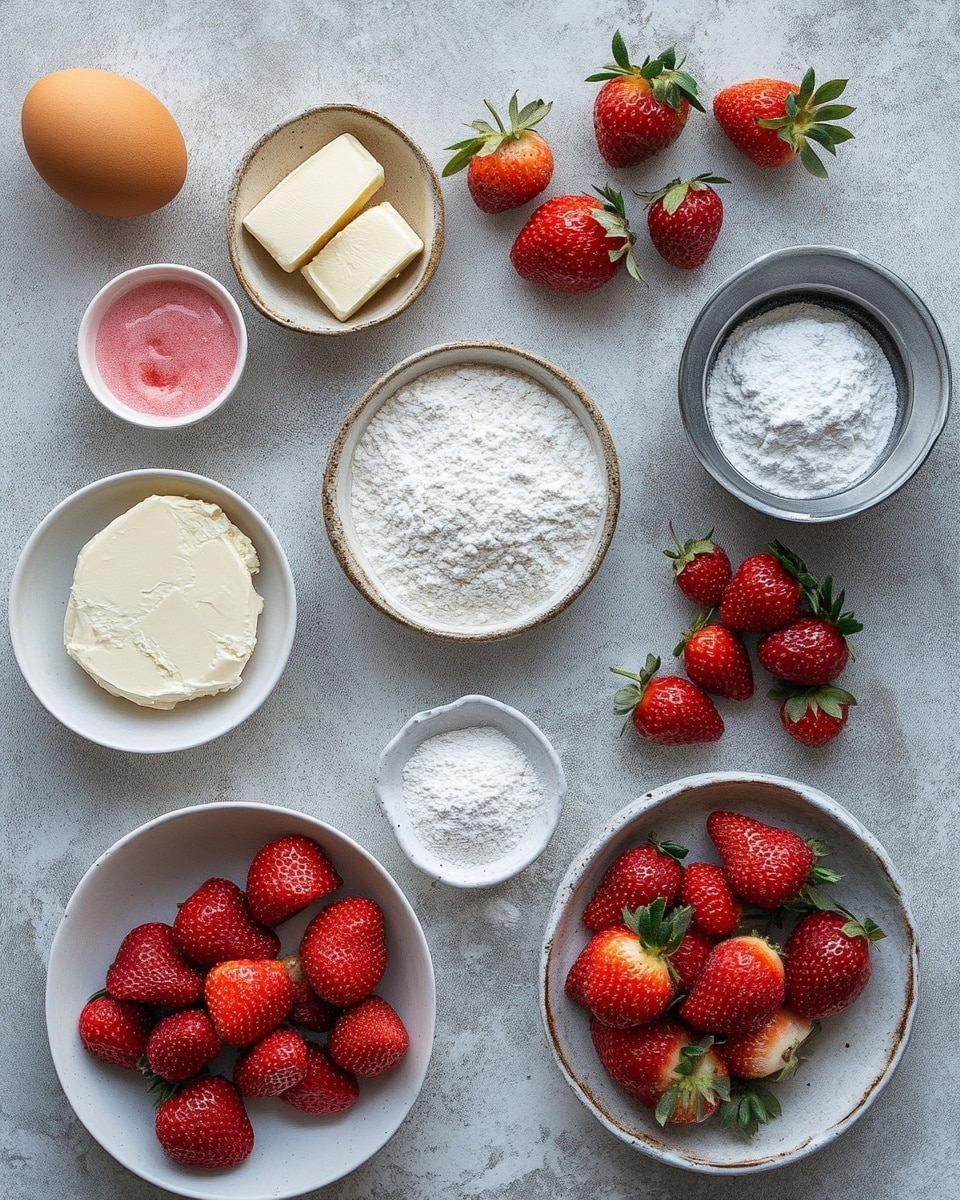 The image shows twelve round strawberry cookies cooling on a black wire rack. Each cookie is light golden brown with small, bright red pieces of strawberry scattered throughout the surface, giving a fresh and juicy look. The cookies have a soft, slightly bumpy texture and are evenly spaced across the rack in three rows of four. Around the rack, fresh whole and sliced strawberries add vibrant red and green accents. The scene is set on a white marbled surface with a white cloth with black designs on the bottom left and a white bowl filled with whole strawberries in the top left corner. A woman's hand is not visible but implied by the scene. photo taken with an iphone --ar 4:5 --v 7