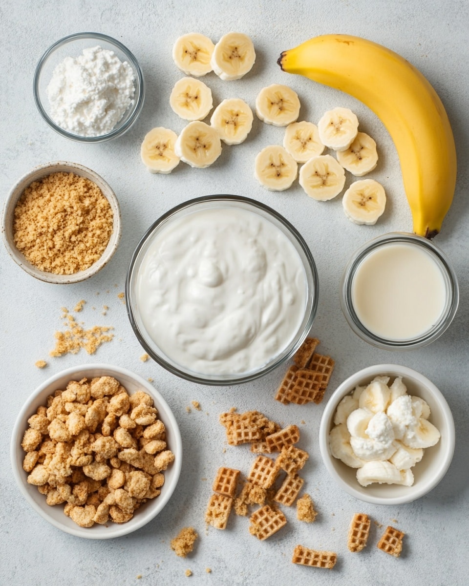 A clear glass trifle dish holds a dessert with four visible layers; starting from the bottom, the first layer consists of light brown round cookies followed by a thick creamy white layer. Above this is a second layer of cookies, arranged closely, topped again with creamy white mixture. The third layer mirrors the second, with another set of cookies and cream. The top is a thick, smooth white creamy layer garnished with banana slices spread around the center and sprinkled with crushed light brown cookie crumbs, all placed on a white marbled surface. Photo taken with an iphone --ar 4:5 --v 7