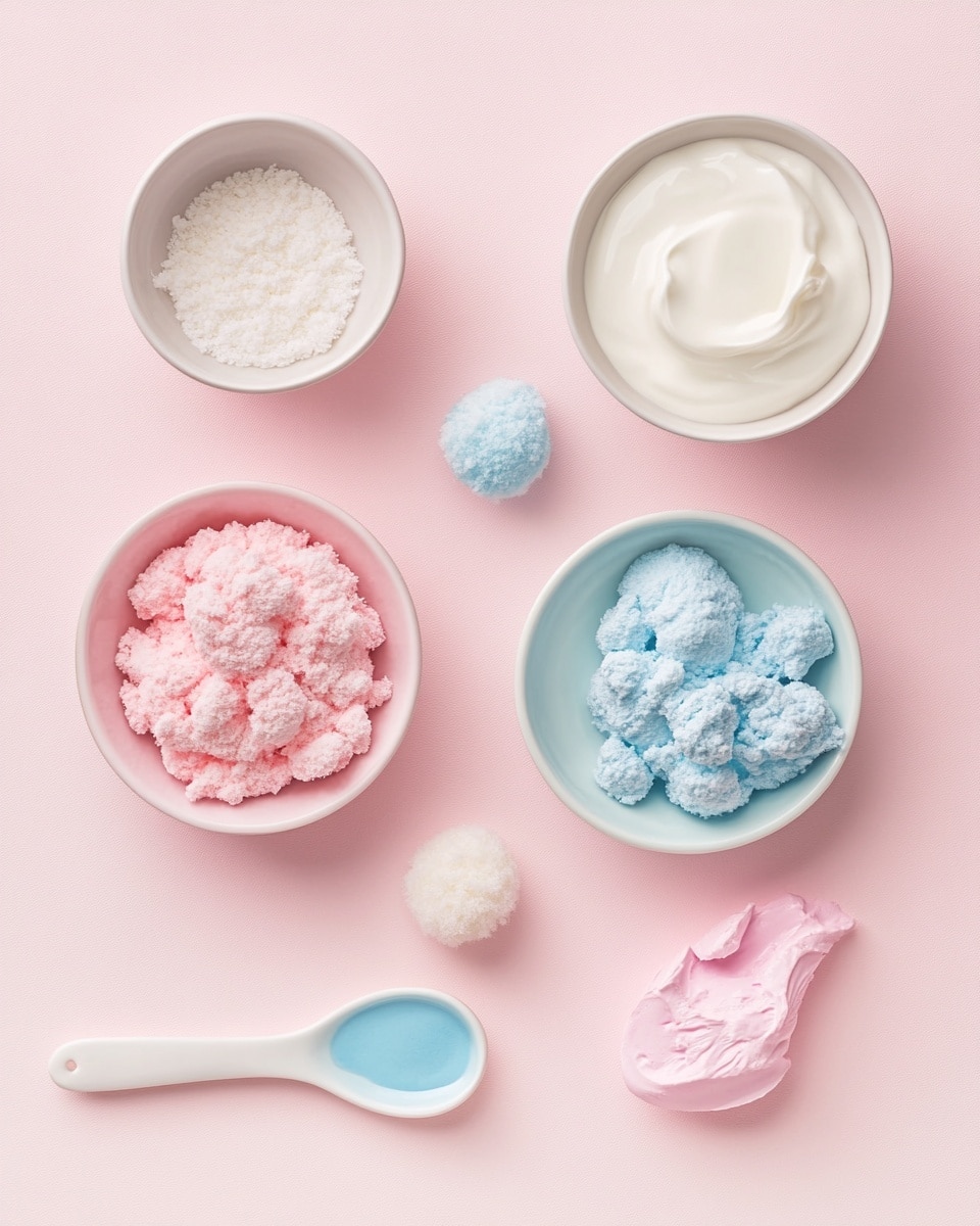 The image shows a clear rectangular glass dish filled with a swirled ice cream that has two main colors: bright blue and bright pink. The ice cream is layered in soft, round dollops across the surface, alternating between blue and pink, creating a bubbly texture on top. A metal ice cream scoop holds a perfect round ball of the same pink and blue swirled ice cream above the dish, with some of the ice cream still sticking to it. In the background, there are fluffy piles of blue and pink cotton candy on a white marbled surface. photo taken with an iphone --ar 4:5 --v 7