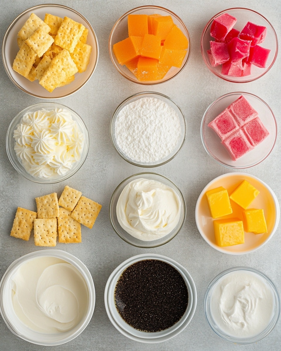 A slice of a three-layer mousse cake is shown being lifted by a fork above a white plate with a subtle pattern on a white marbled surface. The bottom layer is bright pink and smooth, the middle layer is light yellow and creamy, and the top layer is a soft peach color with a fluffy texture. The slice sits on a light brown crumb crust. There is a small swirl of white whipped cream on top of the cake slice, sprinkled with golden crumbs. In the background, more slices of the same cake with whipped cream swirls are visible, along with a white container and a yellow-striped cloth. Photo taken with an iphone --ar 4:5 --v 7