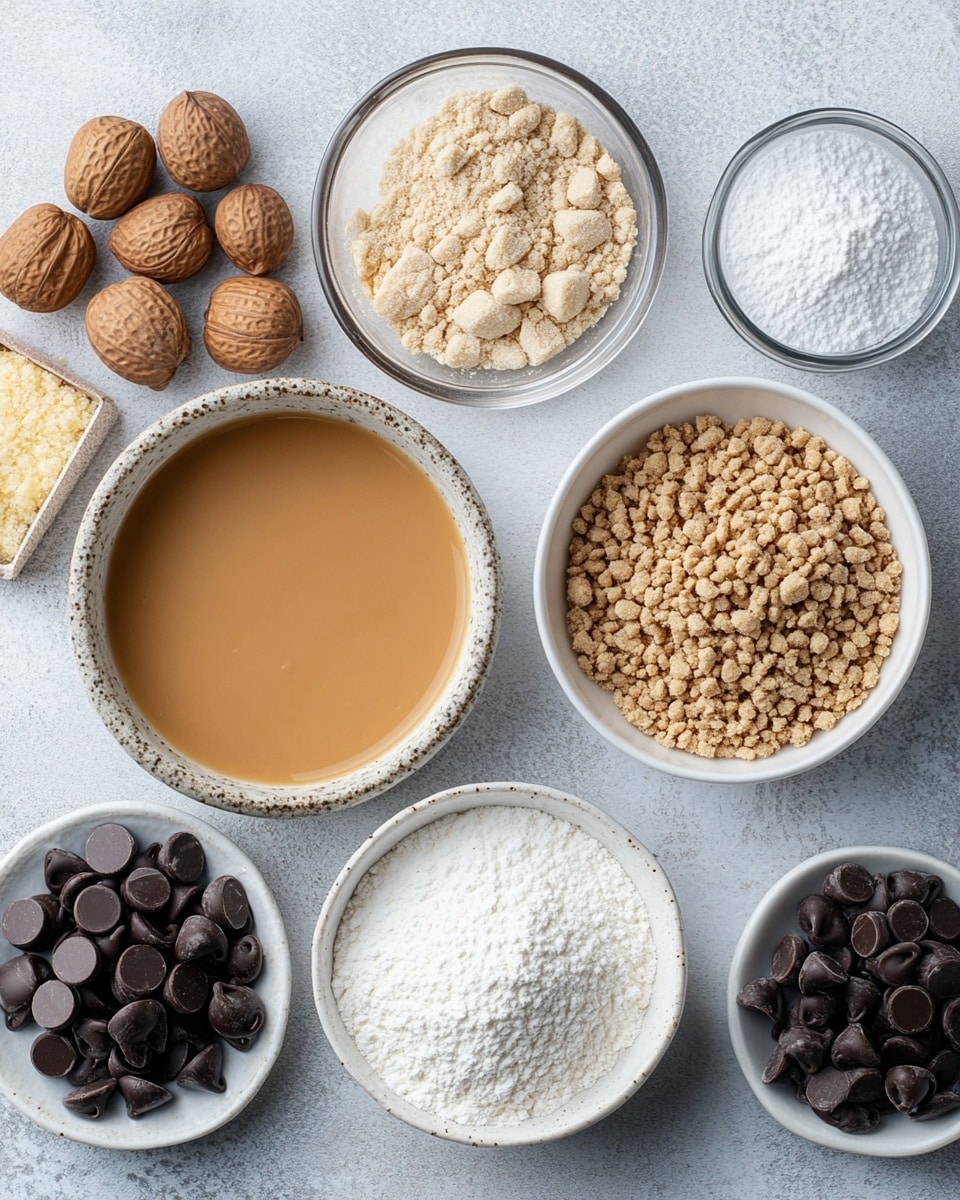 A slice of a three-layer pie is being lifted by a spatula above a whole pie with one slice missing, placed on a white plate sitting on a white marbled surface. The bottom layer is a dark chocolate crust with a firm, slightly rough texture. The middle layer is thick, creamy, and light brown, resembling peanut butter filling, smooth with a few small holes visible. The top layer is a glossy, smooth dark chocolate coating with a slightly uneven edge. In the background, blurred small white bowls hold light brown and dark brown ingredients, and there is a stack of white plates with spoons. The lighting is bright and natural, giving the dessert a fresh and inviting look. Photo taken with an iphone --ar 4:5 --v 7