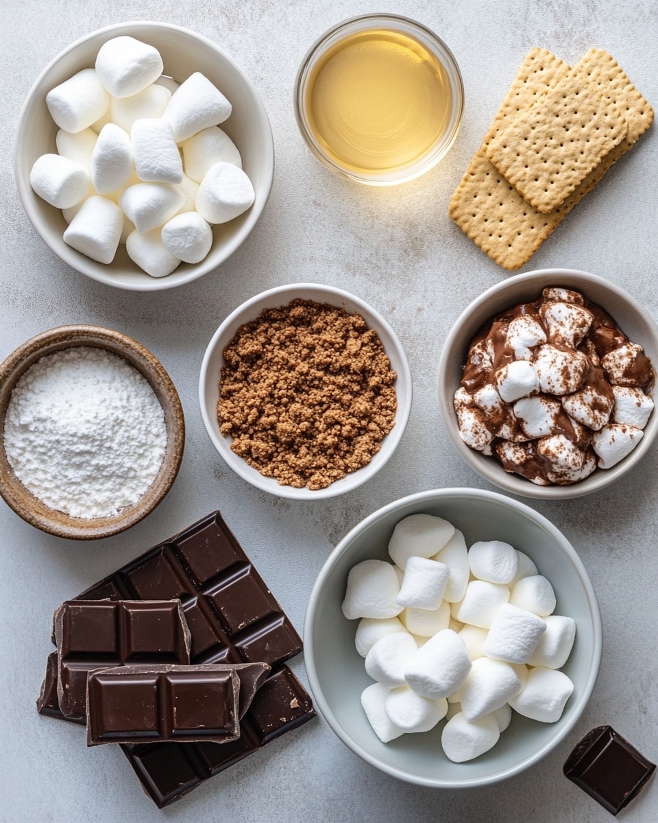 A square piece of dessert is held above a metal pan by a metal spatula. The dessert has three layers: the bottom is a light brown crumbly crust, the middle is a white creamy layer, and the top is covered with small, evenly toasted round marshmallows that are light golden brown with some slightly darker spots. The pan has crumbs scattered around, and in the background, there is a white marbled surface visible beneath the pan. photo taken with an iphone --ar 4:5 --v 7