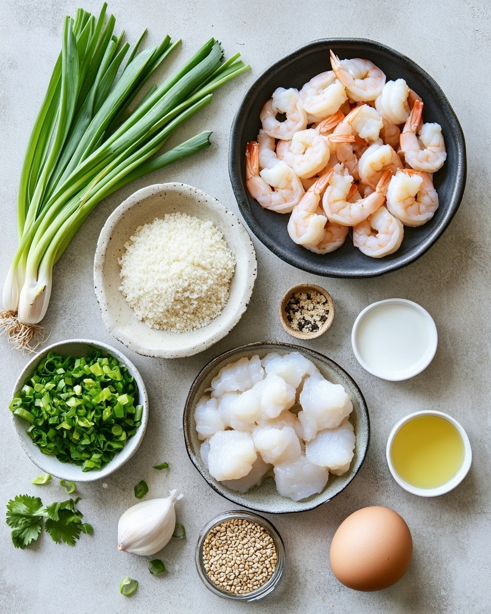 A white plate holds a serving of golden brown fried shrimp balls, each ball crispy and round with a rough, crunchy texture. One shrimp ball is broken open on top, showing the pink and white shrimp inside. Small chopped green onions are sprinkled over the shrimp balls for color. To the back left side of the plate is a small white bowl filled with red dipping sauce that has a smooth, slightly thick texture. Fresh bright green leafy cilantro is placed next to the shrimp balls on the right side of the plate. The plate is on a white marbled surface. Photo taken with an iphone --ar 4:5 --v 7