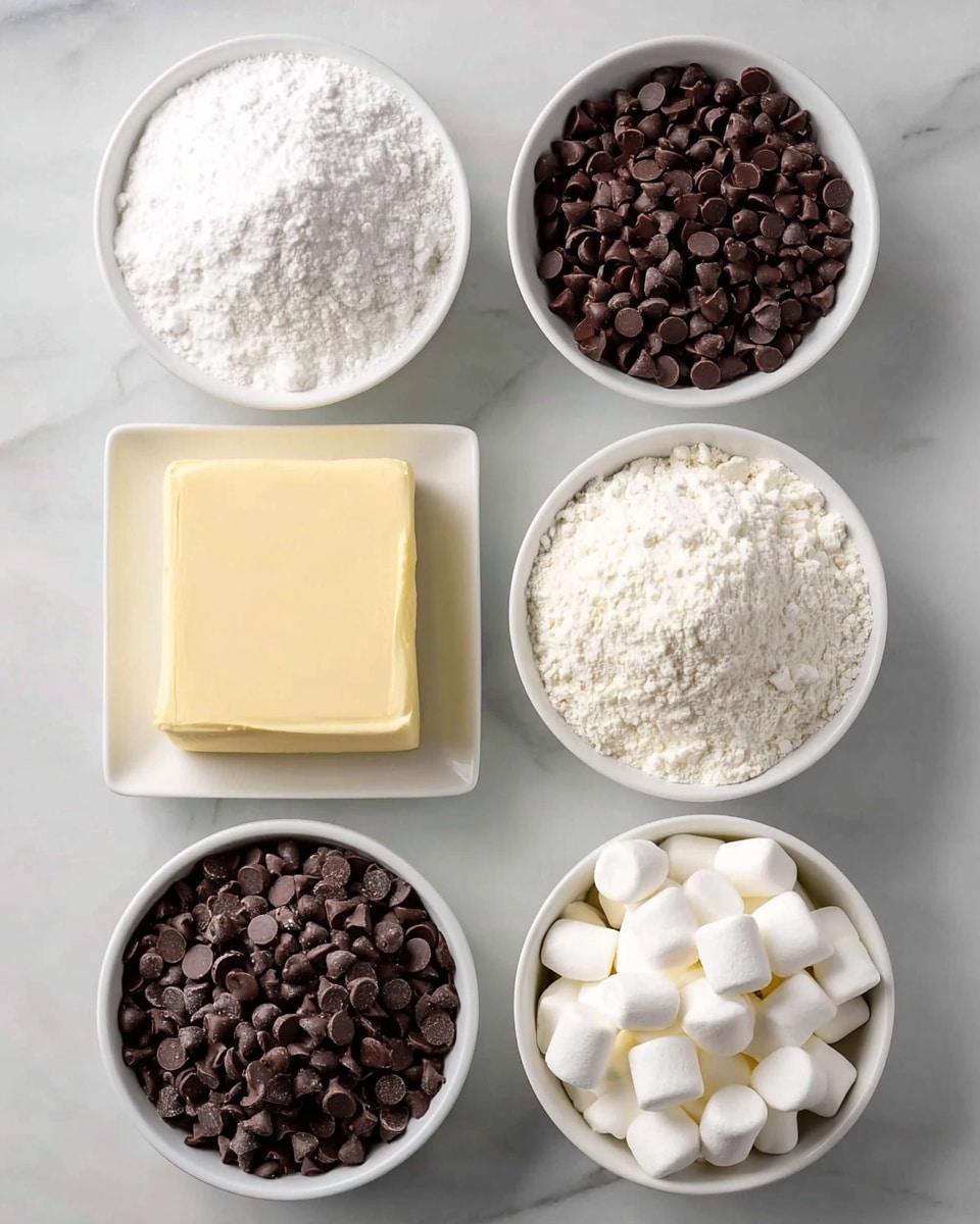 The image shows six white bowls and plates arranged neatly on a white marbled surface. The top row has two round bowls: the left one is full of white powdered sugar with a slightly rough texture, and the right one is filled with small, dark brown chocolate chips. In the middle row, a square white plate on the left holds a thick, smooth slab of light yellow butter, while a square white bowl on the right contains white flour with a fine and slightly clumpy texture. The bottom row has a round white bowl on the left filled again with dark brown chocolate chips, similar to the top right bowl, and on the right is a round white bowl full of fluffy white marshmallows. The containers form a clean, organized layout with a clear view of each ingredient. photo taken with an iphone --ar 4:5 --v 7