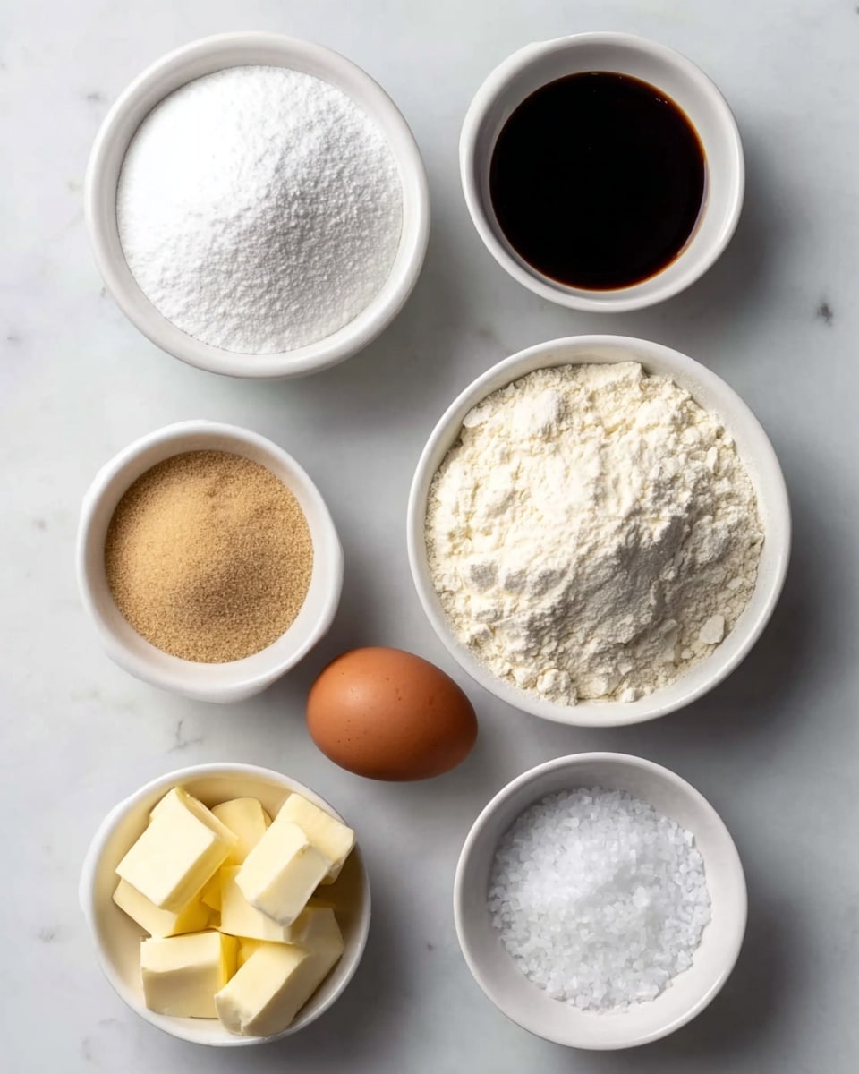 The image shows seven white bowls and one brown egg arranged on a white marbled surface, each containing different baking ingredients. At the center right, a large white bowl is filled with white flour with a soft, powdery texture. Above it, a smaller bowl holds dark brown liquid, glossy and smooth, likely vanilla extract or soy sauce. To the left of it, another bowl contains fine white powdered sugar with a light and fluffy appearance. Below the powdered sugar, a bowl has coarse light brown sugar with a slightly grainy texture. At the bottom left, a bowl is filled with neatly cut pale yellow butter cubes, showing solid but soft edges. Next to it on the right, a bowl holds white sea salt crystals that are coarse and sparkling. Finally, to the left of the sea salt bowl, a single brown egg sits in a small white bowl. All bowls and the egg are spotted with natural light, and the scene is clean and orderly. Photo taken with an iphone --ar 4:5 --v 7
