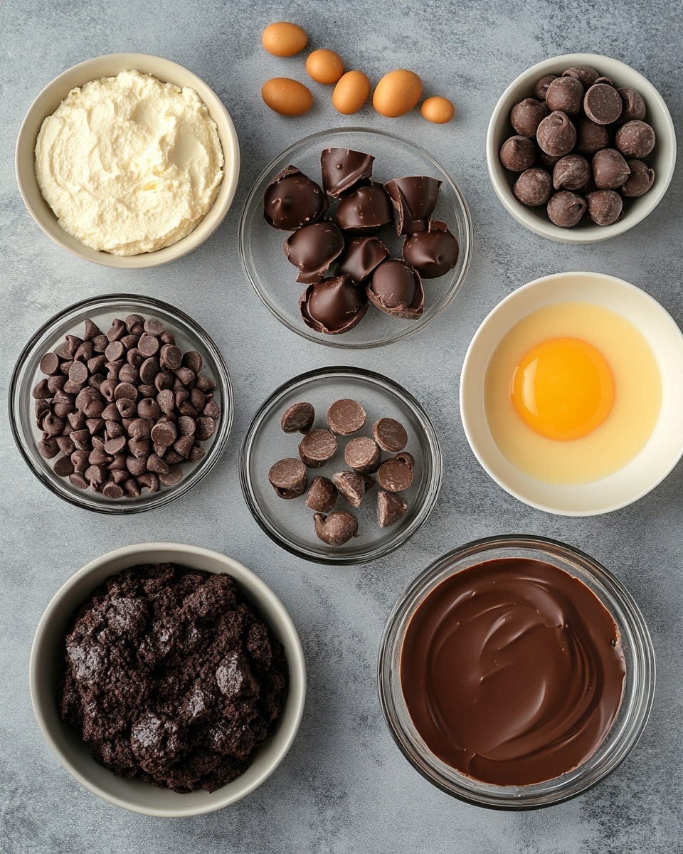 A three-layer round cake sits on a clear glass stand over a white marbled surface. The bottom layer is a dark brown, moist chocolate cake. The middle layer is a thick, smooth peanut butter cream with a light tan color and small chocolate chips embedded near the bottom edge. The top layer is a rich, shiny dark chocolate ganache that flows slightly down the sides. On top of the ganache are many chopped pieces of peanut butter cups, showing both their chocolate outer shell and creamy peanut butter centers. In the background, there is a white plate with silver forks and a wooden board scattered with more peanut butter cups. Photo taken with an iphone --ar 4:5 --v 7