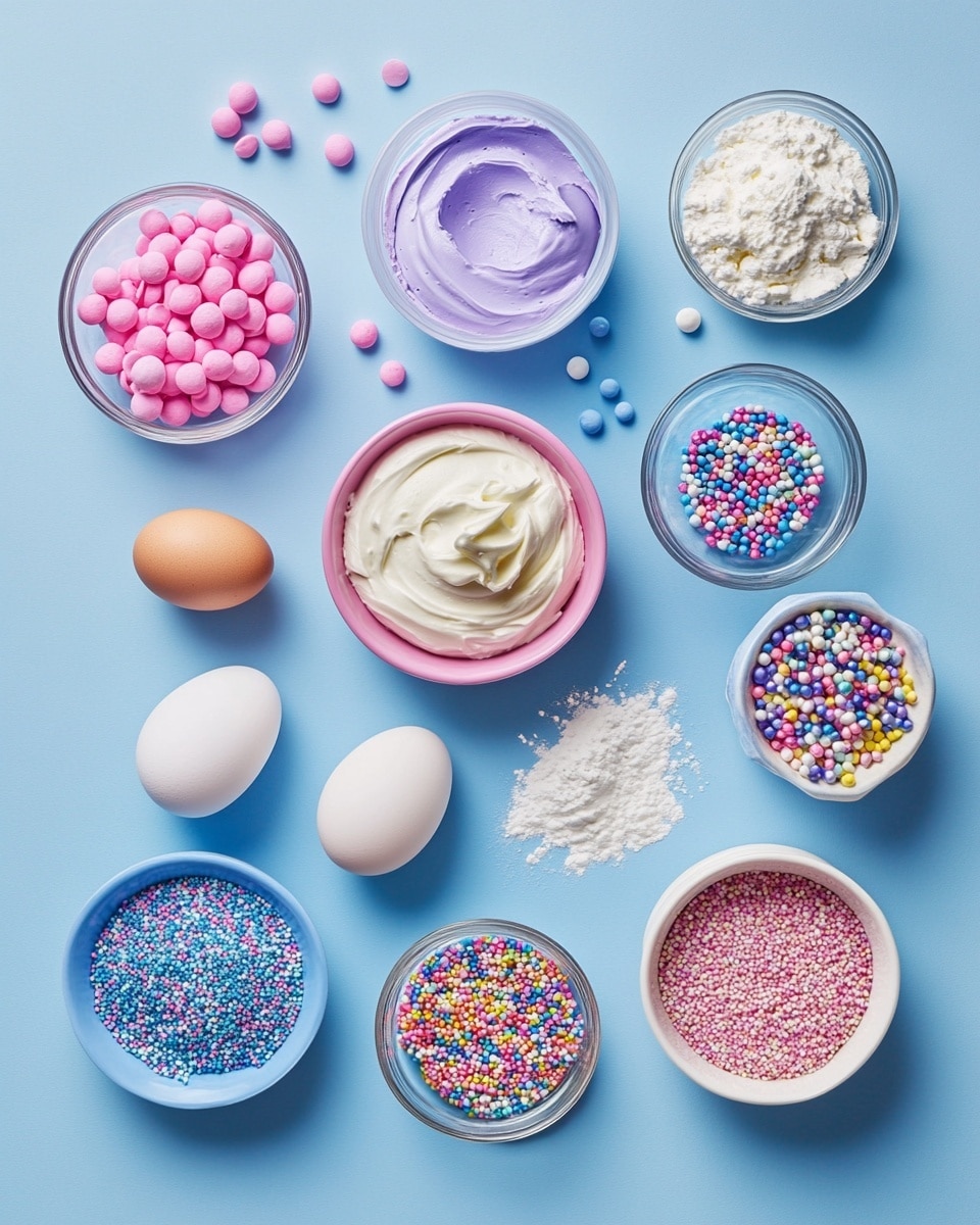 The image shows a piece of colorful layered cake on a white plate with a white marbled texture background. The cake has three visible layers: a bottom layer of bright blue, a middle layer of purple, and a top layer of light pink and purple mixed. On top, there is a thick layer of smooth white cream, covered with a drizzle of light yellow sauce that flows slightly over the edges. The cream is decorated with a mix of vibrant sprinkles in pink, blue, purple, yellow, and white, including small round and rod shapes with some star-shaped sprinkles. A woman's hand is not visible but implied as the cake has a bite taken out from the corner. Photo taken with an iphone --ar 4:5 --v 7